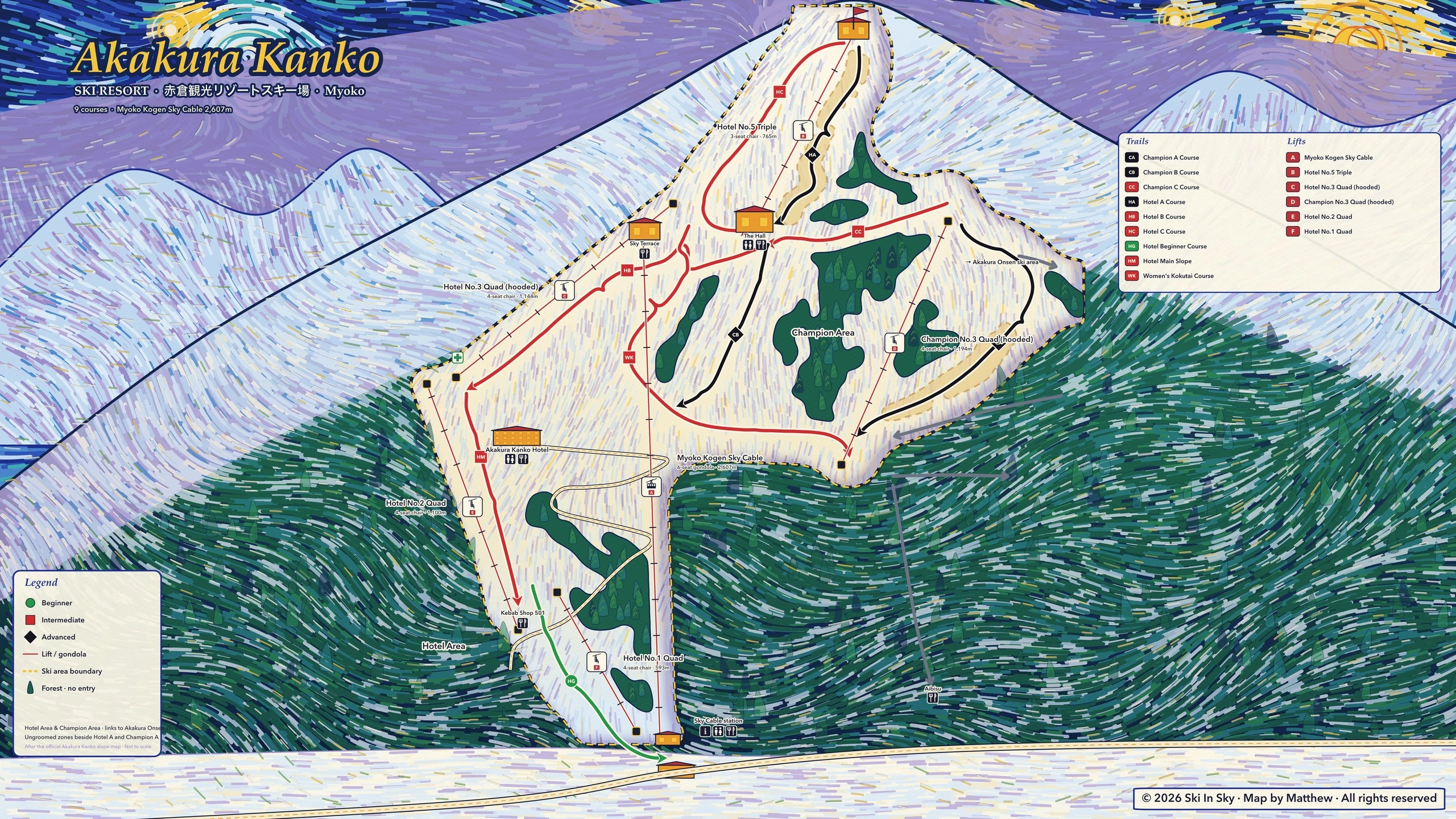 Myoko · Akakura trail map, painted
